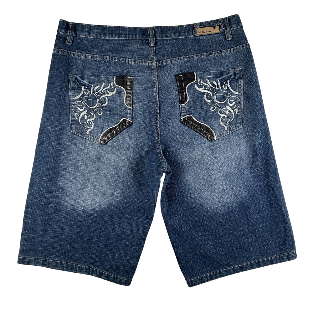 Vintage Indigo 30 Shorts Mens 40 Baggy Hip Hop Denim Embroidered Y2K 14" Inseam